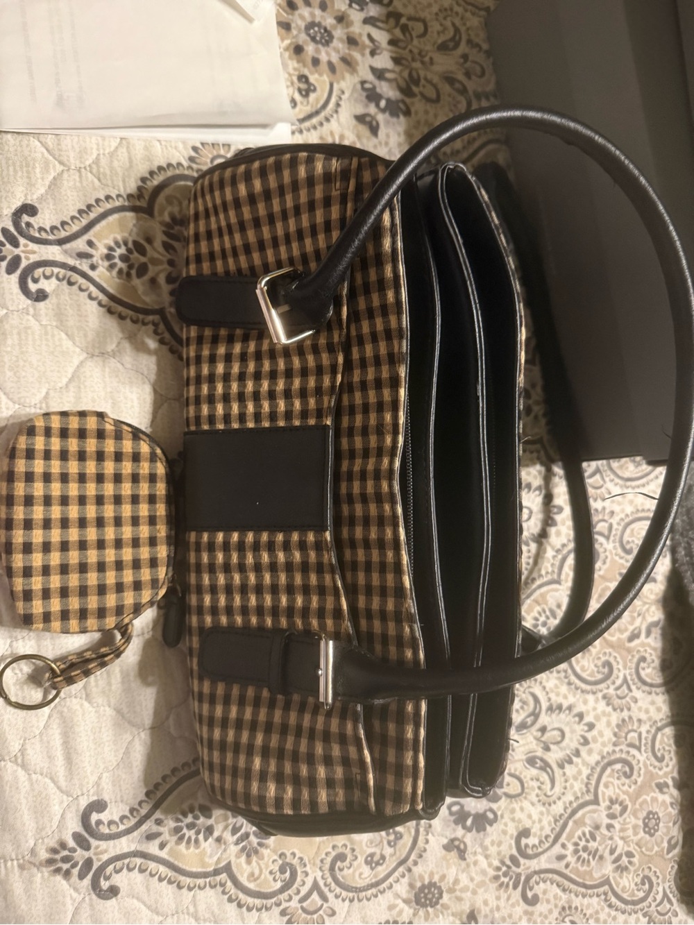 Longaberger Brown and Black Checked Shoulder Bag with Coin Pouch